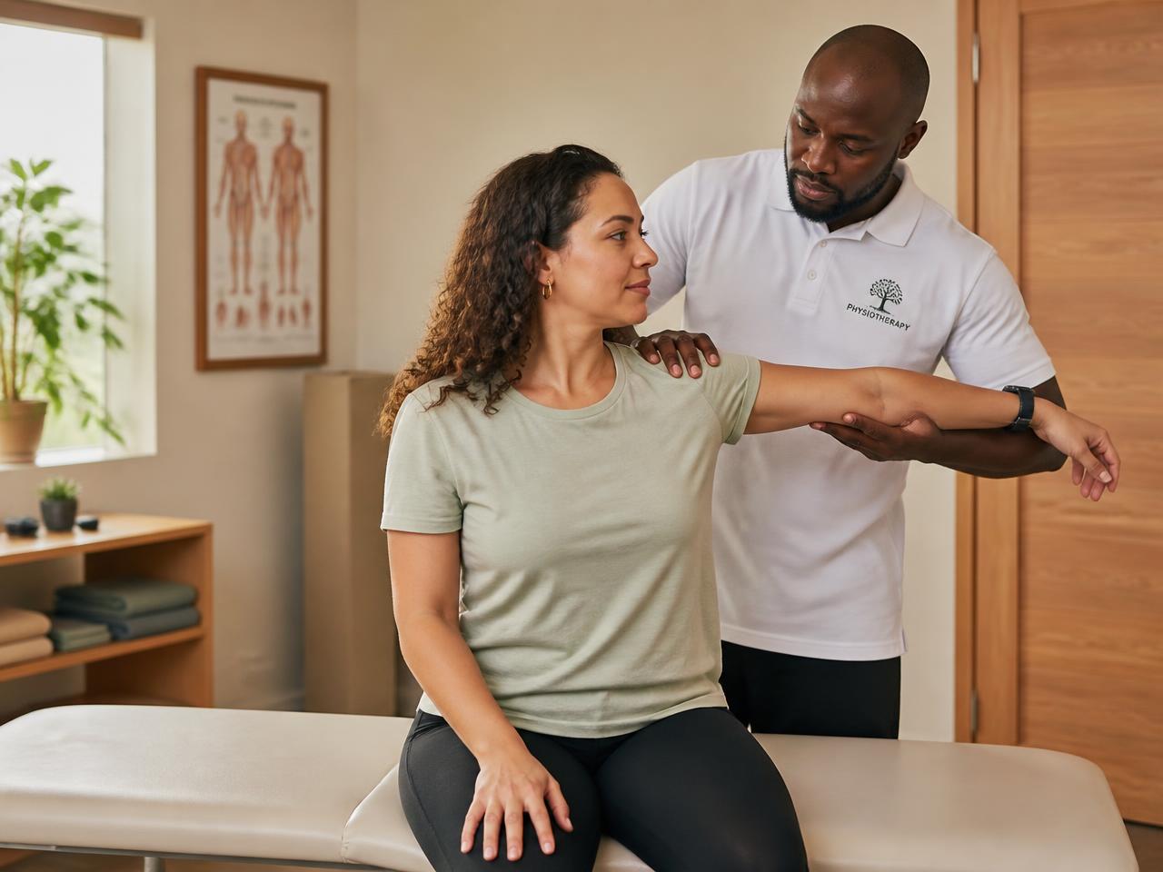 Physiotherapeut mobilisiert die Schulter einer Patientin in der Praxis
